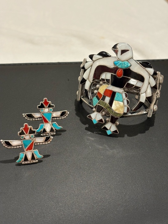 Zuni Jewelry - Charles and Mary Ann Poncho Zuni Sterling Silver Eagle Dancer & KnifeWing Set